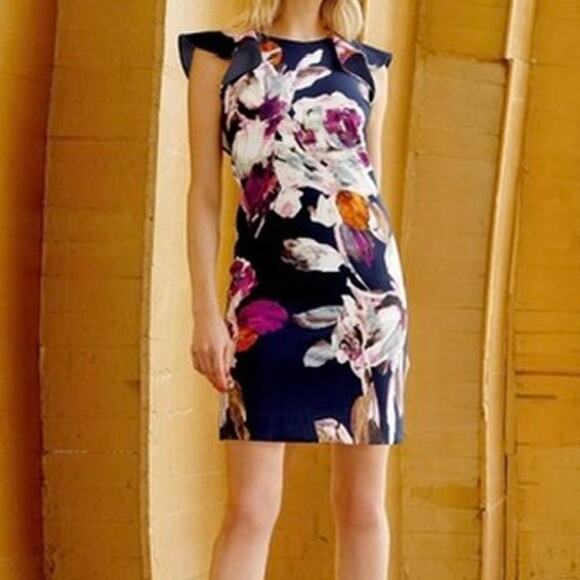 Trina Turk Purple Floral Jasey Ruffle Cap Sleeve Lined Flutter Mini Sheath Dress - Picture 1 of 9
